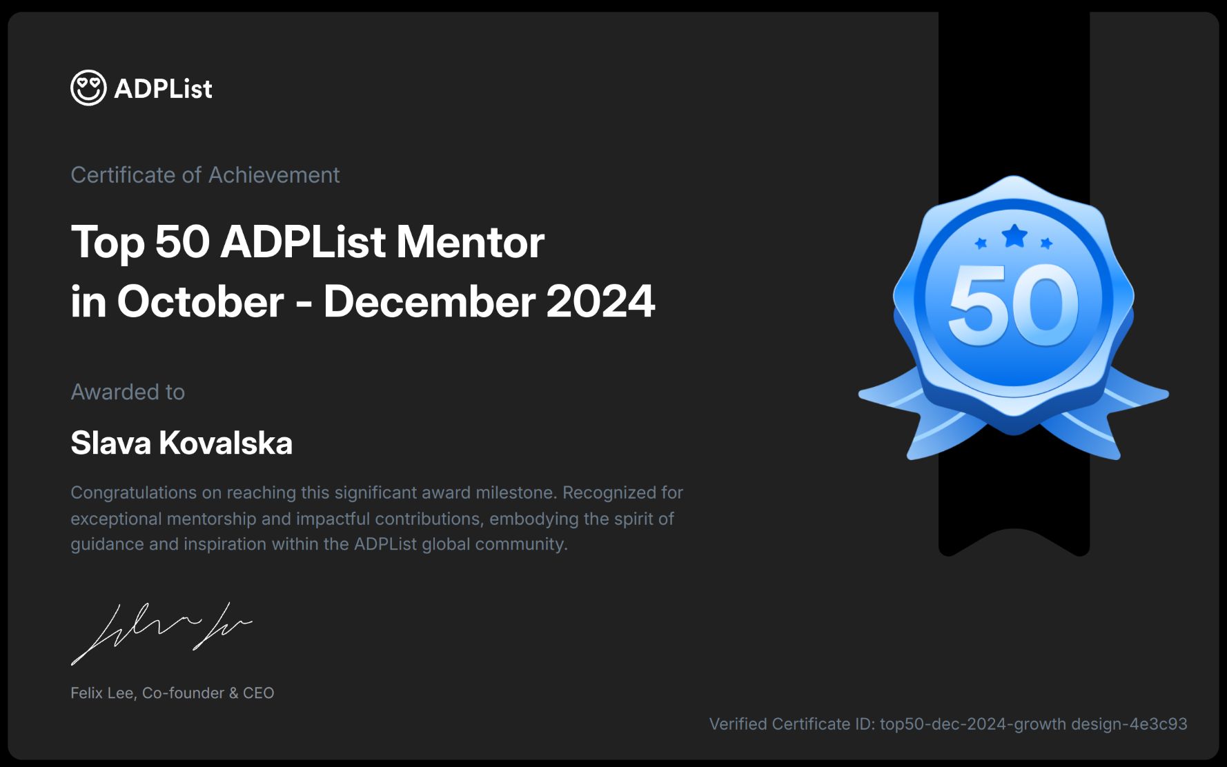 Top 50 ADPList Mentor - October to December 2024